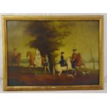 A framed oil on canvas of 18th century figures on horseback in a country setting, 57 x 80cm