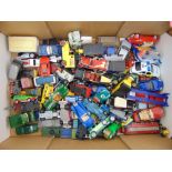 A quantity of play worn Corgi, Matchbox diecast cars, trucks and transporters