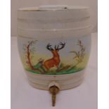 A ceramic whisky barrel of banded oval form decorated to the side with a stag at bay, 33 x 30cm
