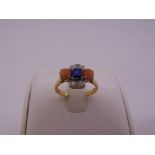 18ct yellow gold diamond, sapphire and coral ring, approx total weight 3.7g