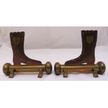 A pair of brass and copper trench art bookends in the form of ladies boots on cylindrical stands,