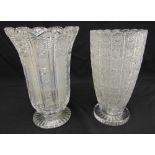 Two cut glass vases on raised circular base, 31.5cm (h)