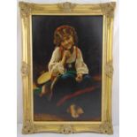 A framed oil on canvas of a seated girl with a tambourine, monogrammed FL and dated 1880 bottom