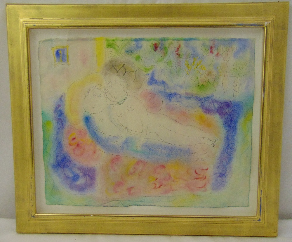 A framed and glazed watercolour of lovers in the style of Dora Holzhandler, 32 x 40cm