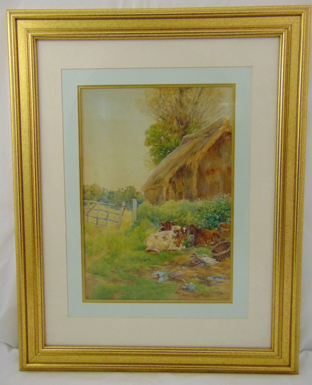 Morby framed and glazed watercolour of cattle and ducks in a farmyard setting, dated 1887, signed