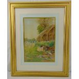 Morby framed and glazed watercolour of cattle and ducks in a farmyard setting, dated 1887, signed