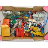 A quantity of play worn diecast cars, trucks, buses, military vehicles and aeroplanes to include
