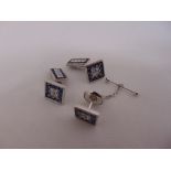 A pair of 18ct white gold, diamond and sapphire cufflinks and matching tie pin, approx total