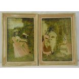 Two 19th century framed and glazed embroidered silk images of figures in a landscape, 32.5 x 22cm