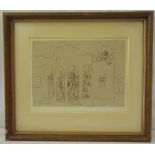 Nahum Gutman framed and glazed monochromatic limited edition print of figures in a building,