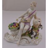 Meissen figural group of a semi naked lady with a putti, a basket of fruit and a goat, slight chip