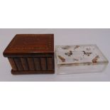 A Sorrento inlaid puzzle box, 10 x 15 x 11cm and a 1950s perspex box by Khun Zinn decorated with
