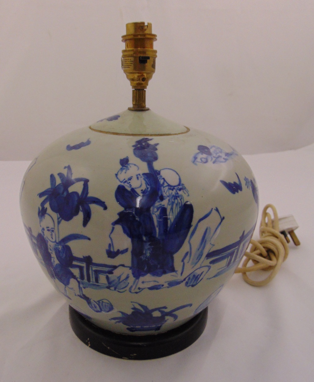 A Chinese blue and white vase form table lamp decorated with figures in a landscape, 26cm (h)