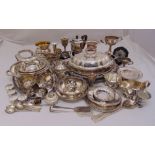 A quantity of silver plate to include trays, bowls, entree dishes and covers