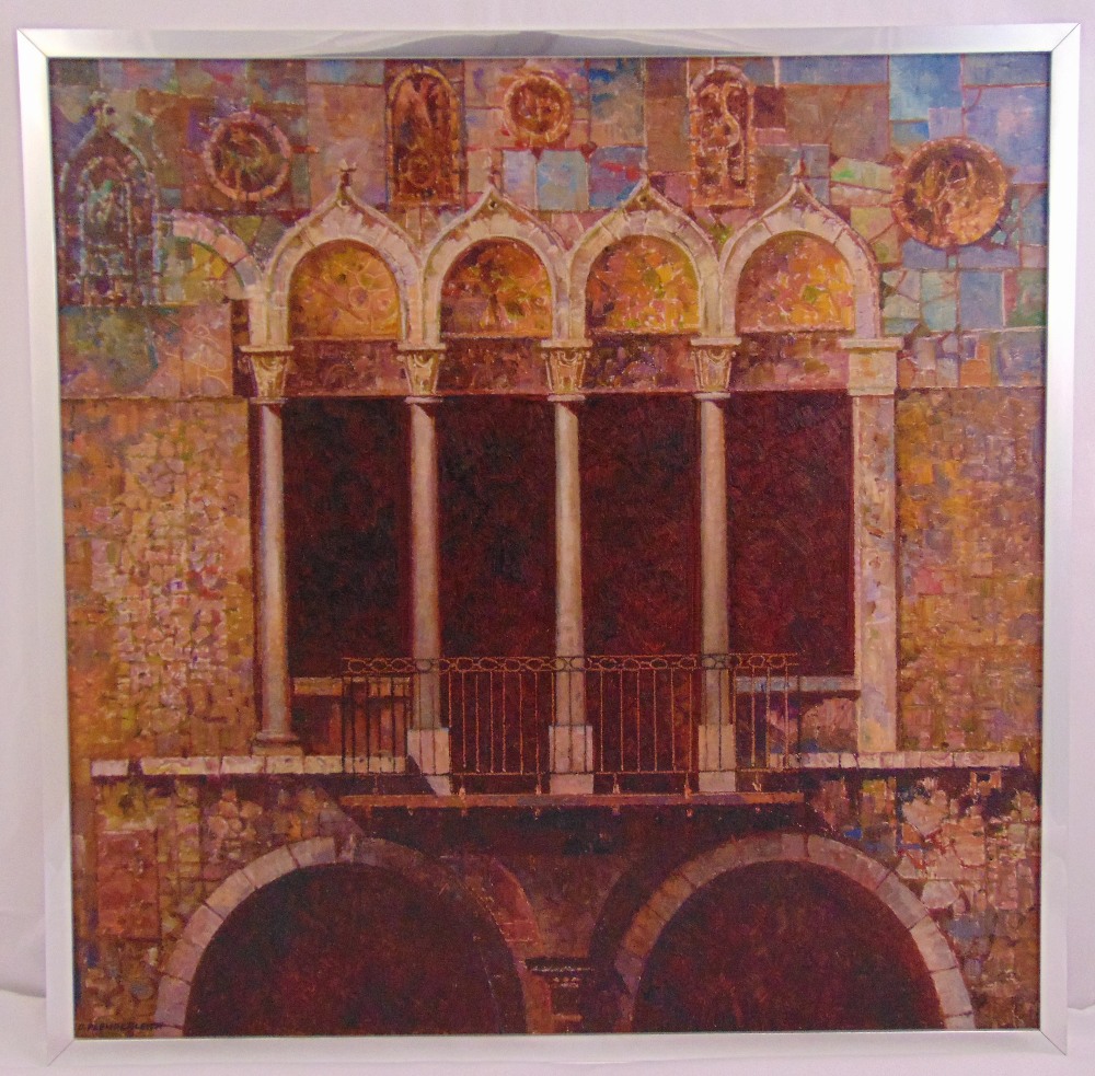 Donald Plenderlith framed oil on panel of a balcony, signed bottom left, 76 x 76cm