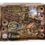 A brass knocker, an Antique key, miniature pots etc