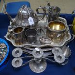 Silver plated galleried tea trays, teaware, a candelabra etc