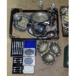 A collection of silver plated items, to include hors d'oeuvres dish, serving trays, coffee pot,