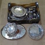 A quantity of silver plated items, to include serving trays, tureens, a chamber stick etc