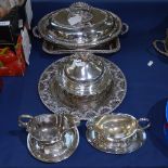 An oval 2-section silver plated entree dish and cover, a muffin dish, sauce boats etc