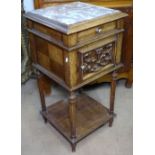 A Continental walnut and marble-top pot cupboard, W41cm, H80cm