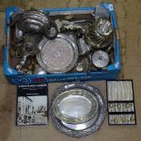 A collection of silver plated items, to include tea and coffeeware, serving trays, centre bowl,