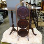 2 mahogany tripod tables, and a 3 tier folding cake stand