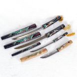 4 Japanese daggers, with carved and painted scabbards, largest blade length 14cm (4)