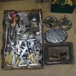 A collection of silver plated items, to include cutlery, chamber sticks, an entree dish etc