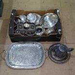 A collection of silver plated items, to include tea and coffeeware, a serving tray etc
