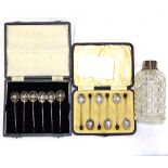 2 cased sets of silver bean-end coffee spoons, and a cut-glass and silver-mounted decanter