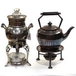 A Goldsmiths & Silversmiths silver plated spirit kettle on burner stand, and a silver plated samovar