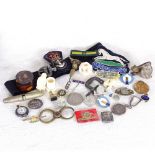 A cylindrical blonde tortoiseshell box, watchmaker tools, military medals etc