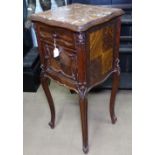 A French rosewood and marble-top pot cupboard, on cabriole legs, W39cm, H84cm