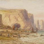 L Lewis, a pair of watercolours, shore scenes, signed and dated 1902, 9.5" x 21", framed