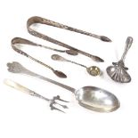 Various silver flatware, including Trefid spoon by William Comyns, Georgian caddy spoon by John
