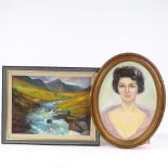 Spencer Roberts, 2 oils on board, Highland stream, 12" x 15.5", and portrait of lady, framed (2)