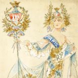 Minon, pair of original watercolour theatrical costume designs, circa 1900, signed, 12.5" x 7.5",