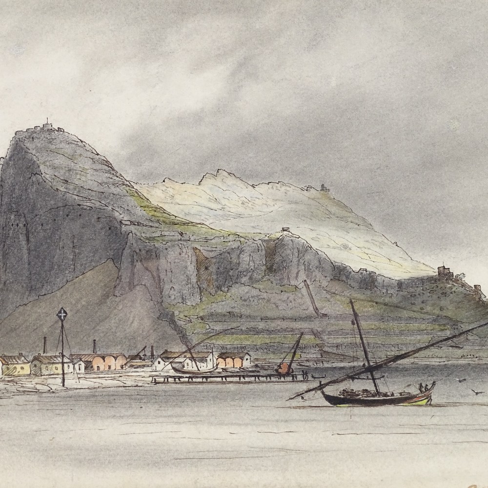 19th century watercolour, the Rock of Gibraltar, signed with monogram, dated 1884, 9.5" x 14"