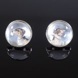 A pair of Essex Crystal sterling silver dog cufflinks, high-domed crystal, panel diameter 19.8mm,