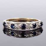 A 9ct gold sapphire and diamond half hoop ring, setting height 3.6mm, size R, 1.7g