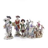 6 various Continental porcelain figures, including a Meissen musician group, height 15cm (A/F),