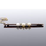 A 9ct gold 5-stone pearl and diamond bar brooch, maker's marks PP Ltd, brooch length 51mm, 3.3g
