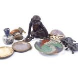 A group of miscellaneous, including an Oriental/Indian bronze monkey with a cobra on his leg, height