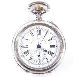 A Continental silver open-face top-wind chronograph pocket watch, white dial with Roman numeral hour