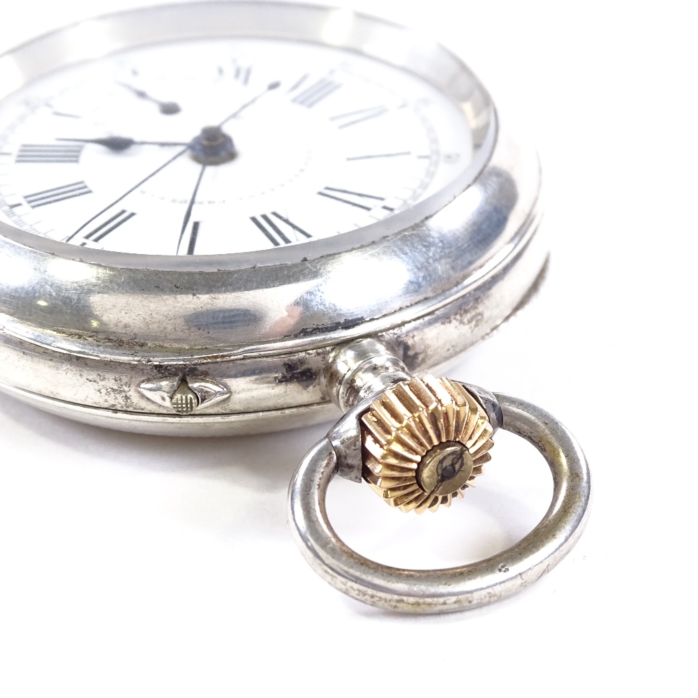 A Continental silver open-face top-wind chronograph pocket watch, white dial with Roman numeral hour - Image 3 of 5