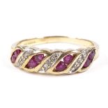 A 9ct gold ruby and diamond half-hoop ring, setting height 4.9mm, size K, 2g