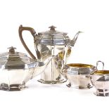 An Art Nouveau 4-piece silver tea set, octagonal form with gilt interiors, comprising teapot, coffee