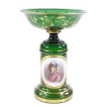 A 19th century Bohemian green glass tazza with painted portrait panel, diameter 19cm, height 25cm,