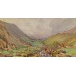 G W Collins, watercolour, Welsh valley, signed and dated 1914, 6.5" x 12", framed